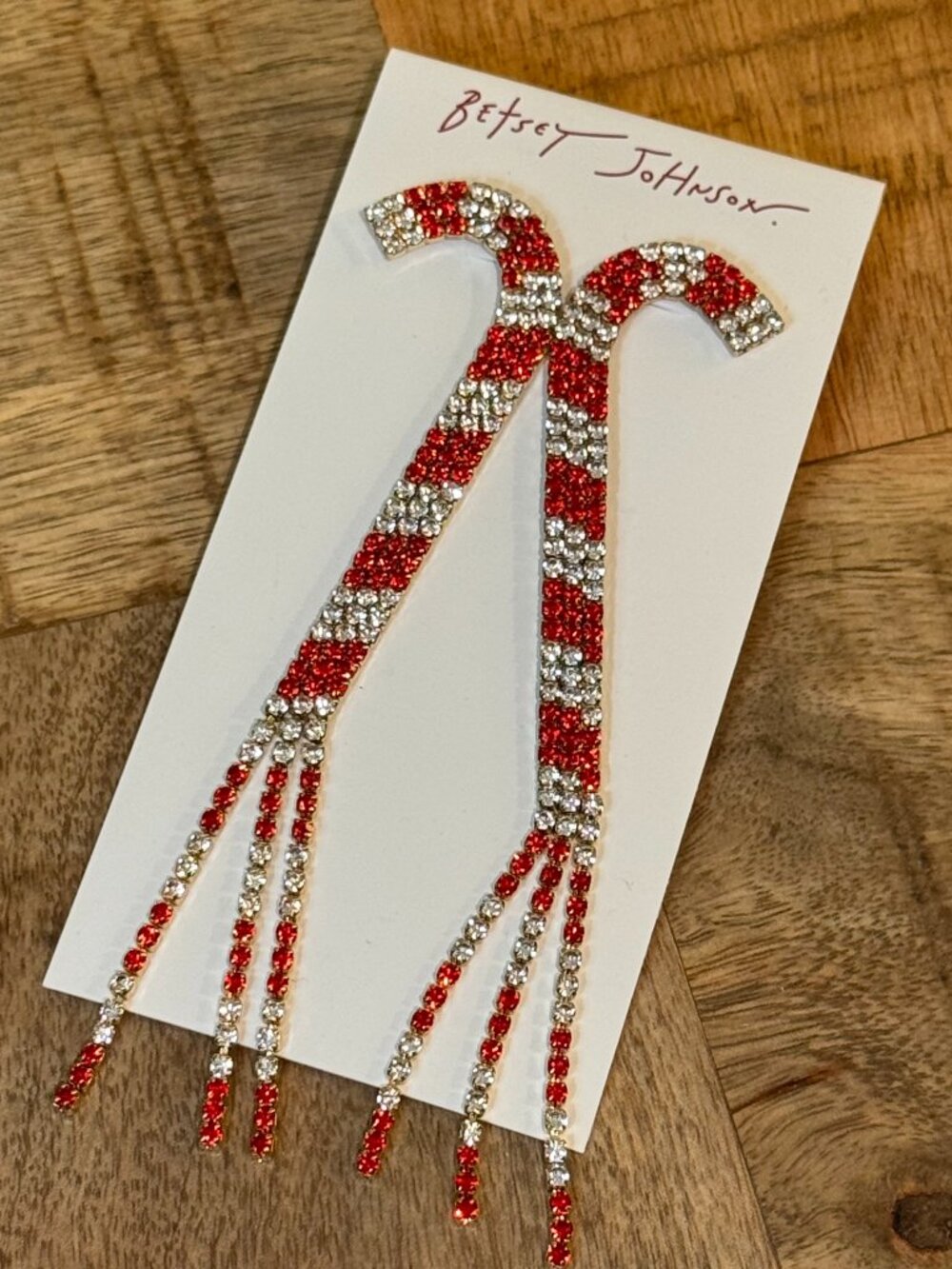NWT Betsey Johnson Rhinestone Candy Cane Fringe Drop Earrings